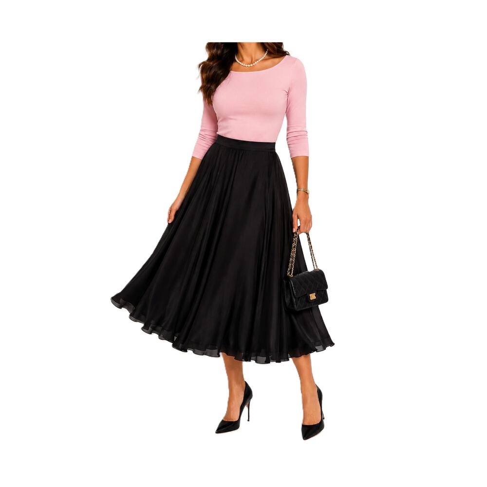 Oleg Cassini Silk Skirt Size 14 Black Full Evening Skirt Lined Vintage 1980s